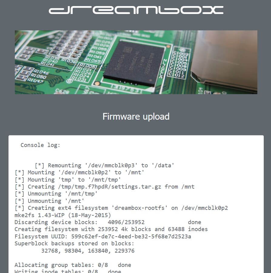 Dreambox DM900/DM920 console log after firmware upload
